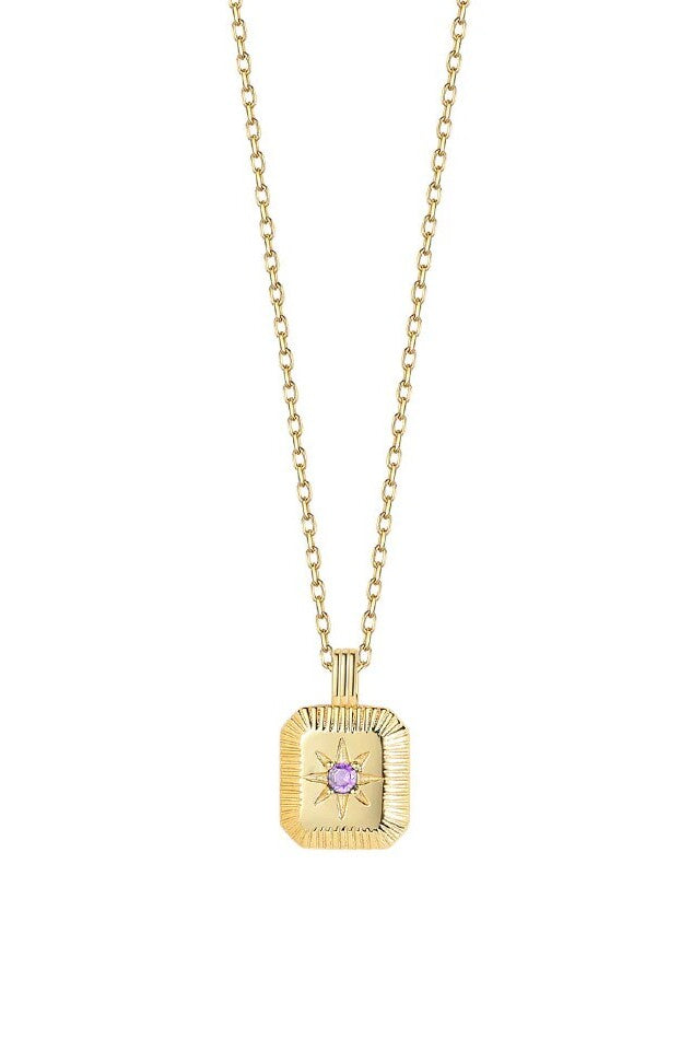 Gold necklace with a square pendant featuring a purple gemstone on a white background
