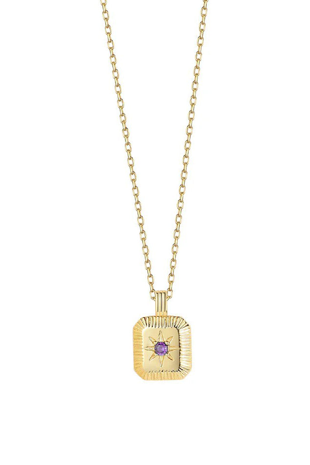 Gold necklace with a square pendant featuring a purple gemstone on a white background