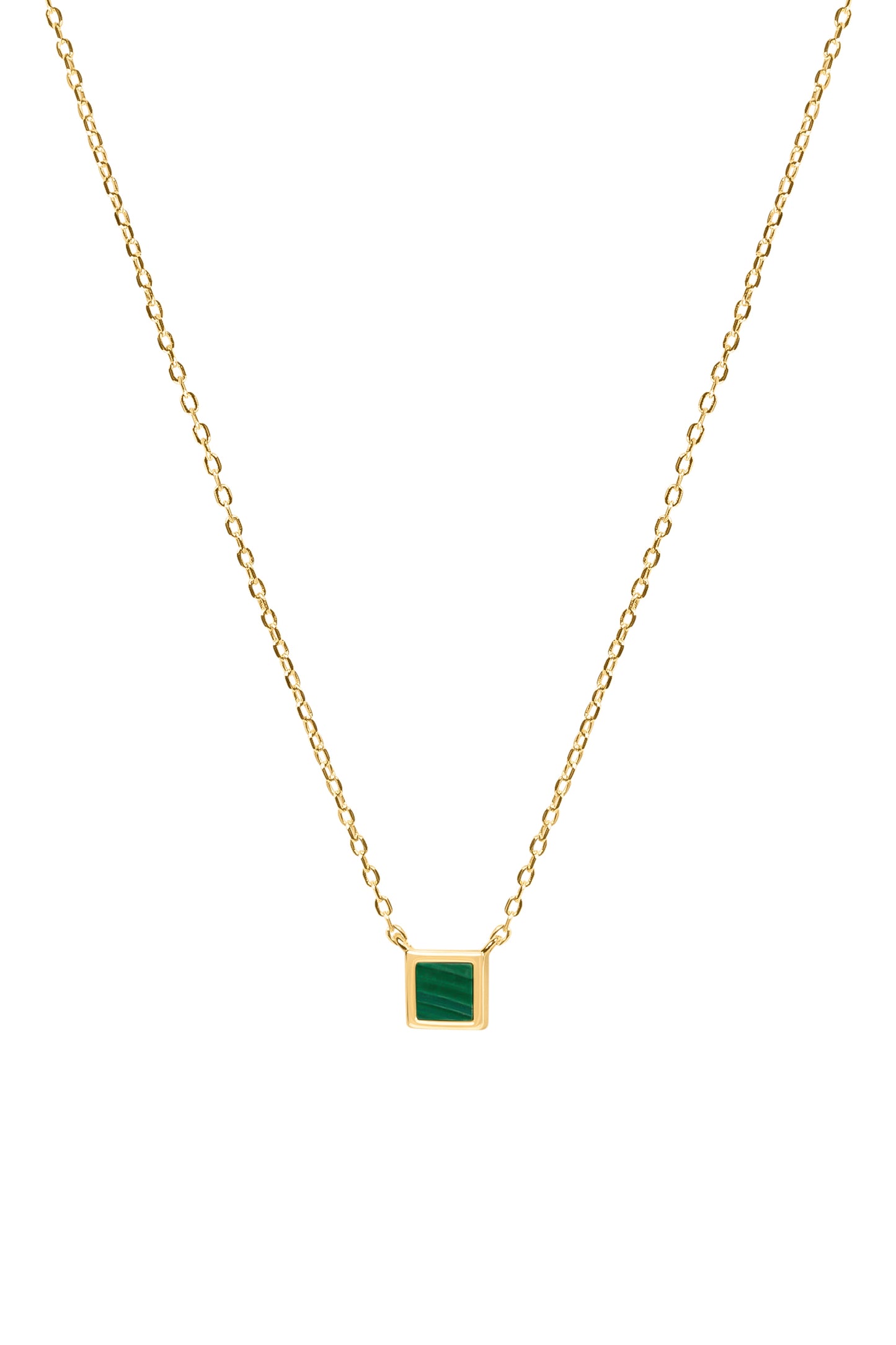 Gold necklace with a green square malachite pendant on a white background