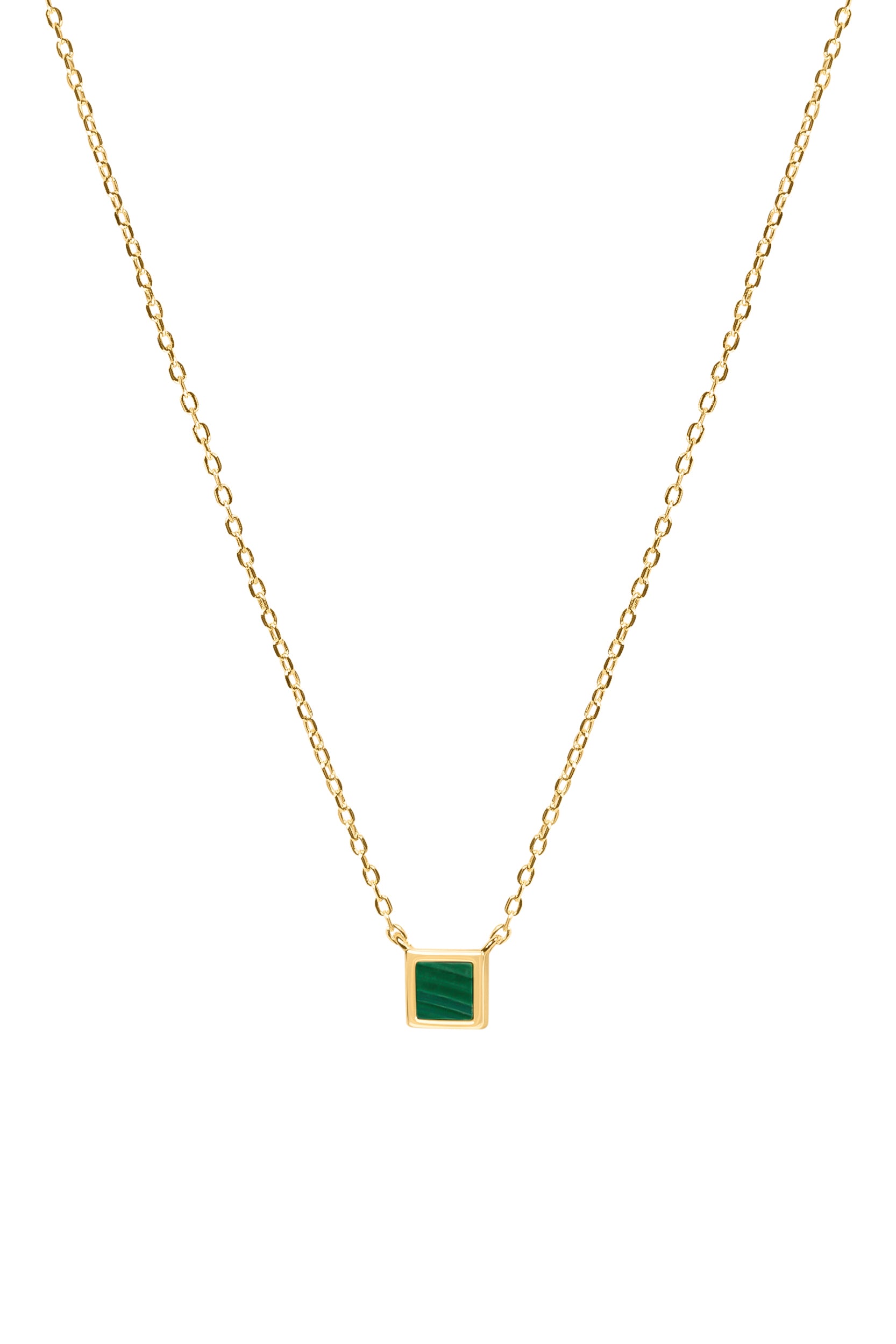 Gold necklace with a green square malachite pendant on a white background