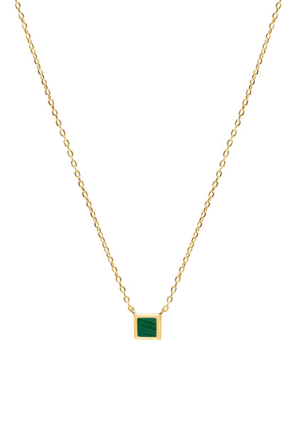 Gold necklace with a green square malachite pendant on a white background