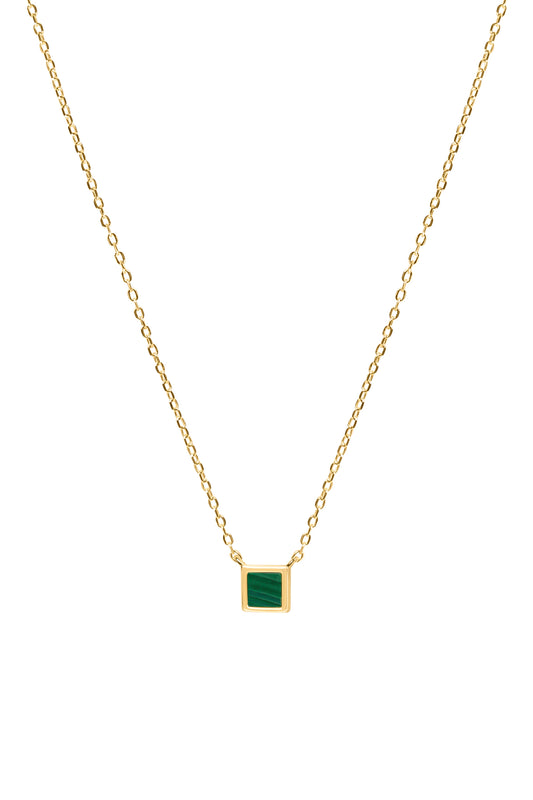 Gold necklace with a green square malachite pendant on a white background