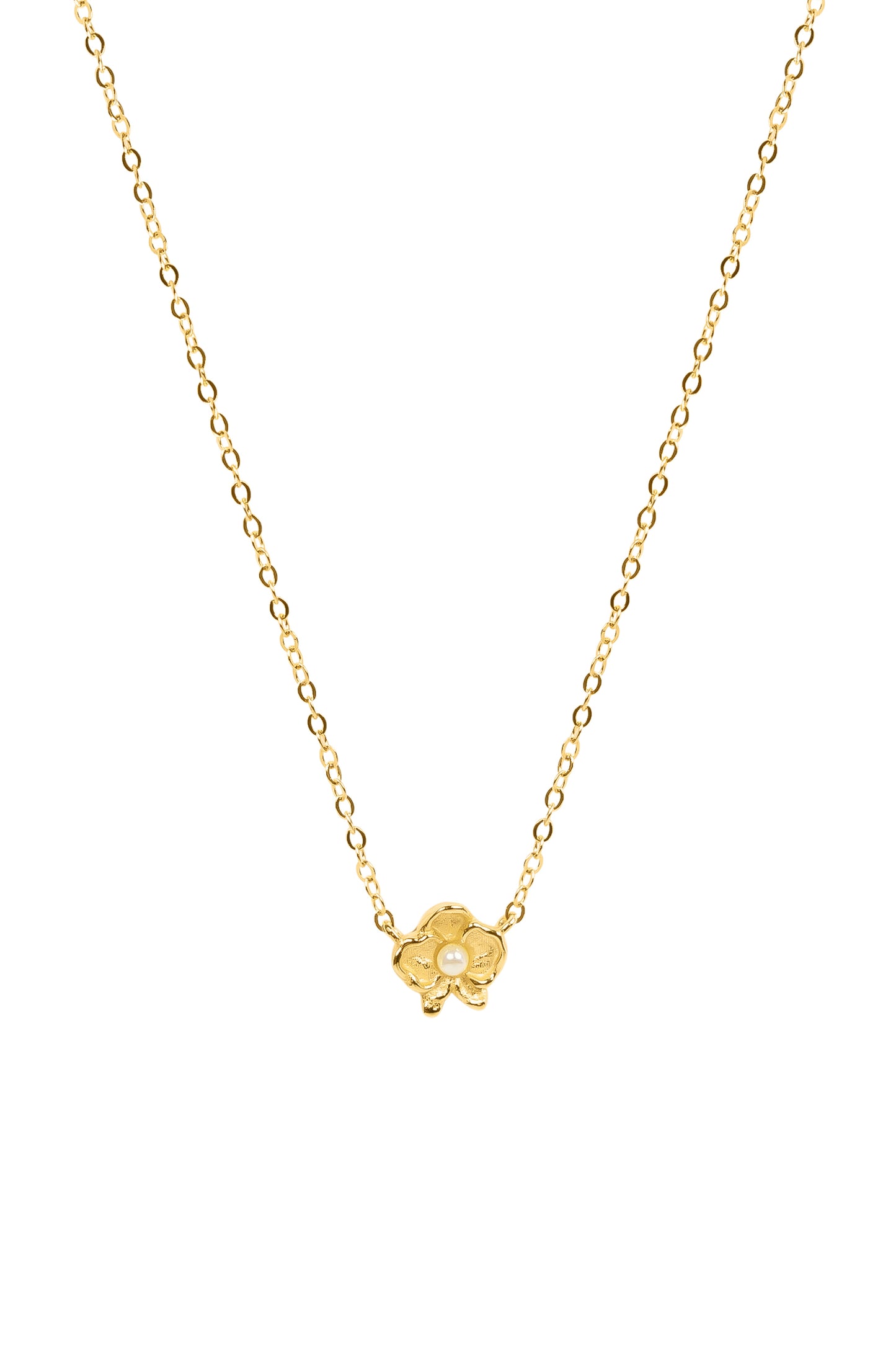 Gold necklace with a floral pendant featuring a pearl on a white background