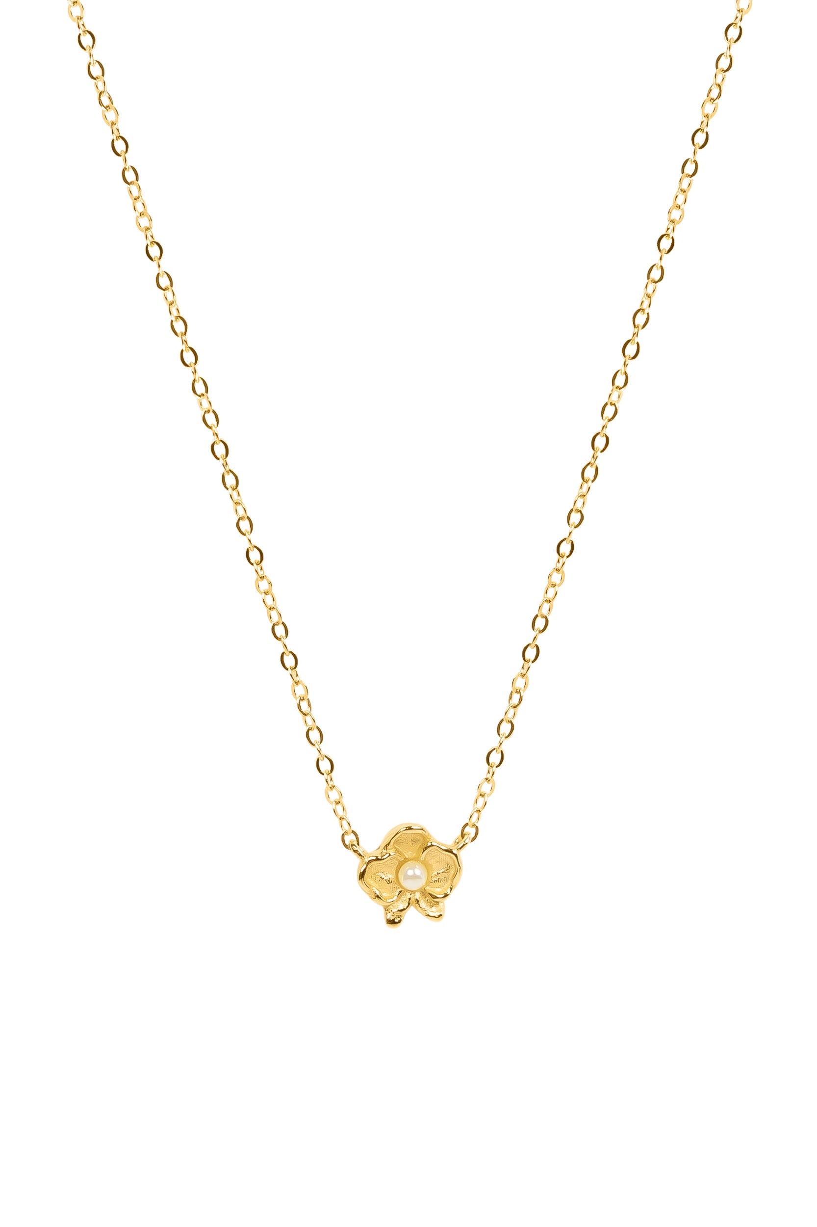 Gold necklace with a floral pendant featuring a pearl on a white background