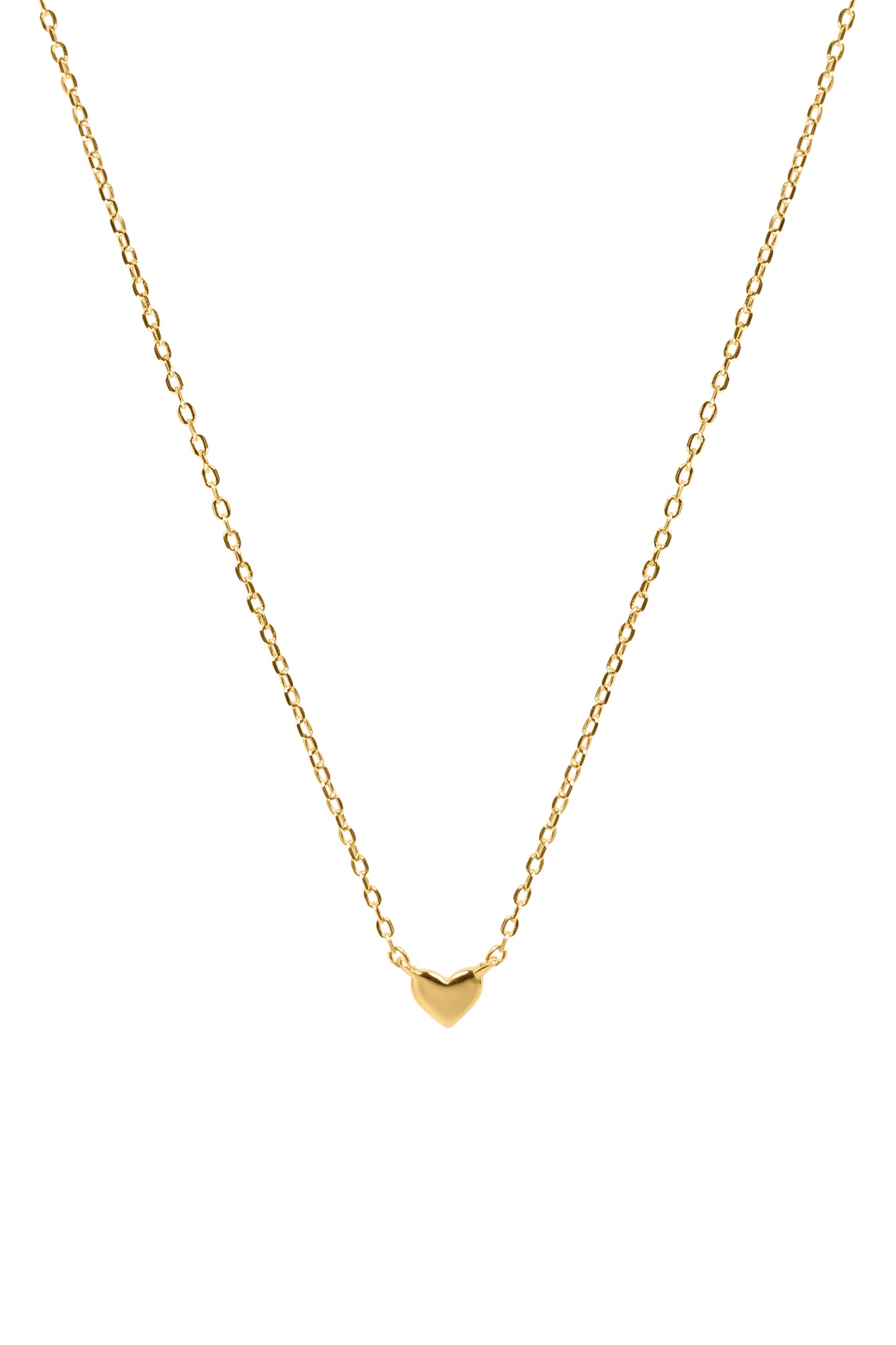 Gold necklace with a heart-shaped pendant on a white background