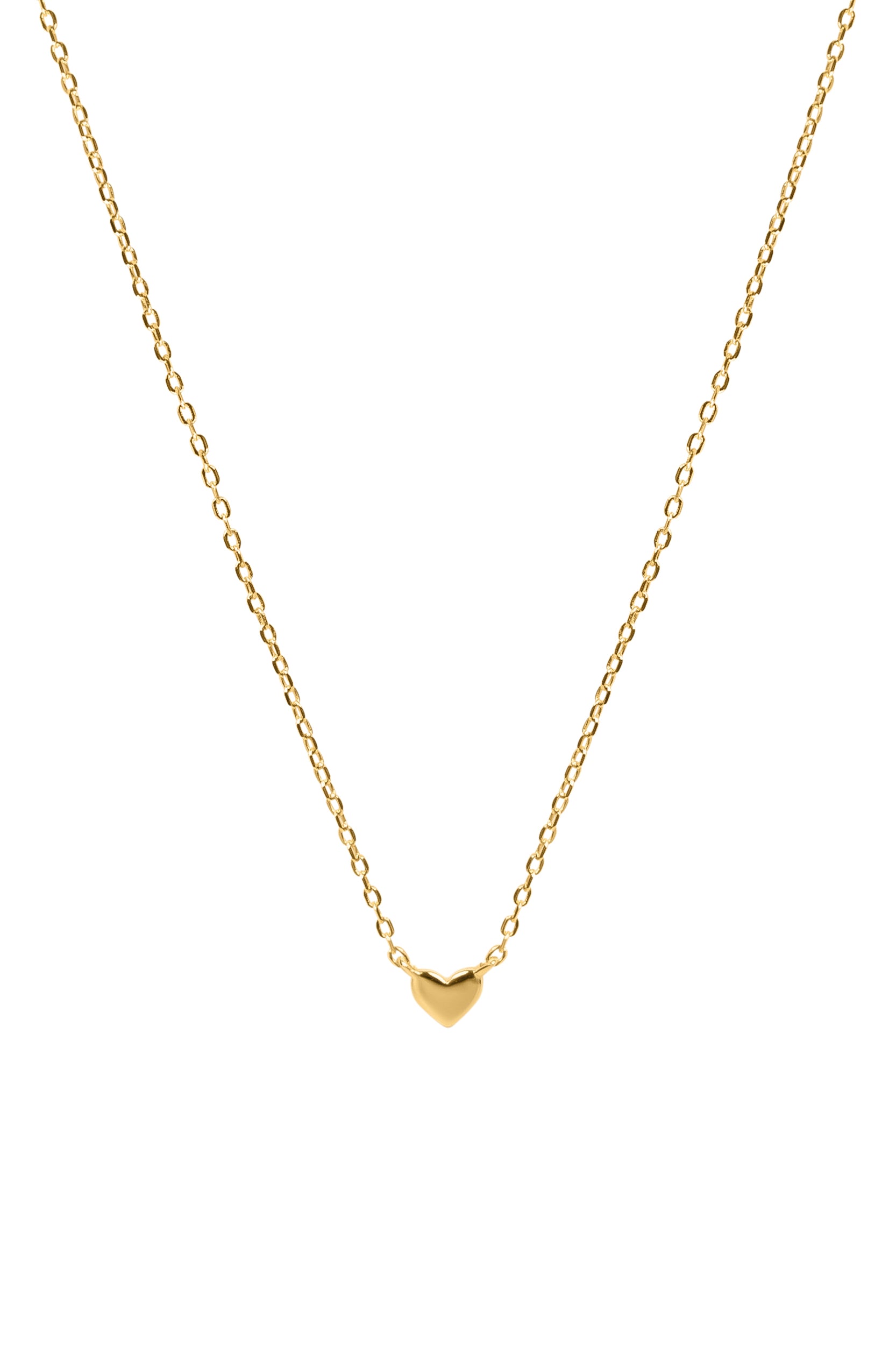 Gold necklace with a heart-shaped pendant on a white background