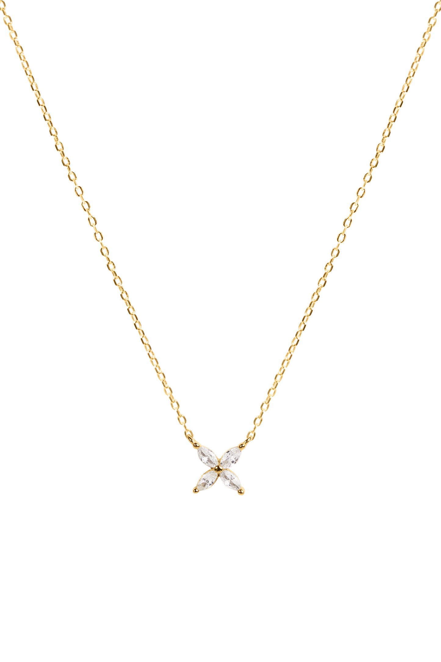 Gold necklace with a pendant featuring four gemstones on a white background