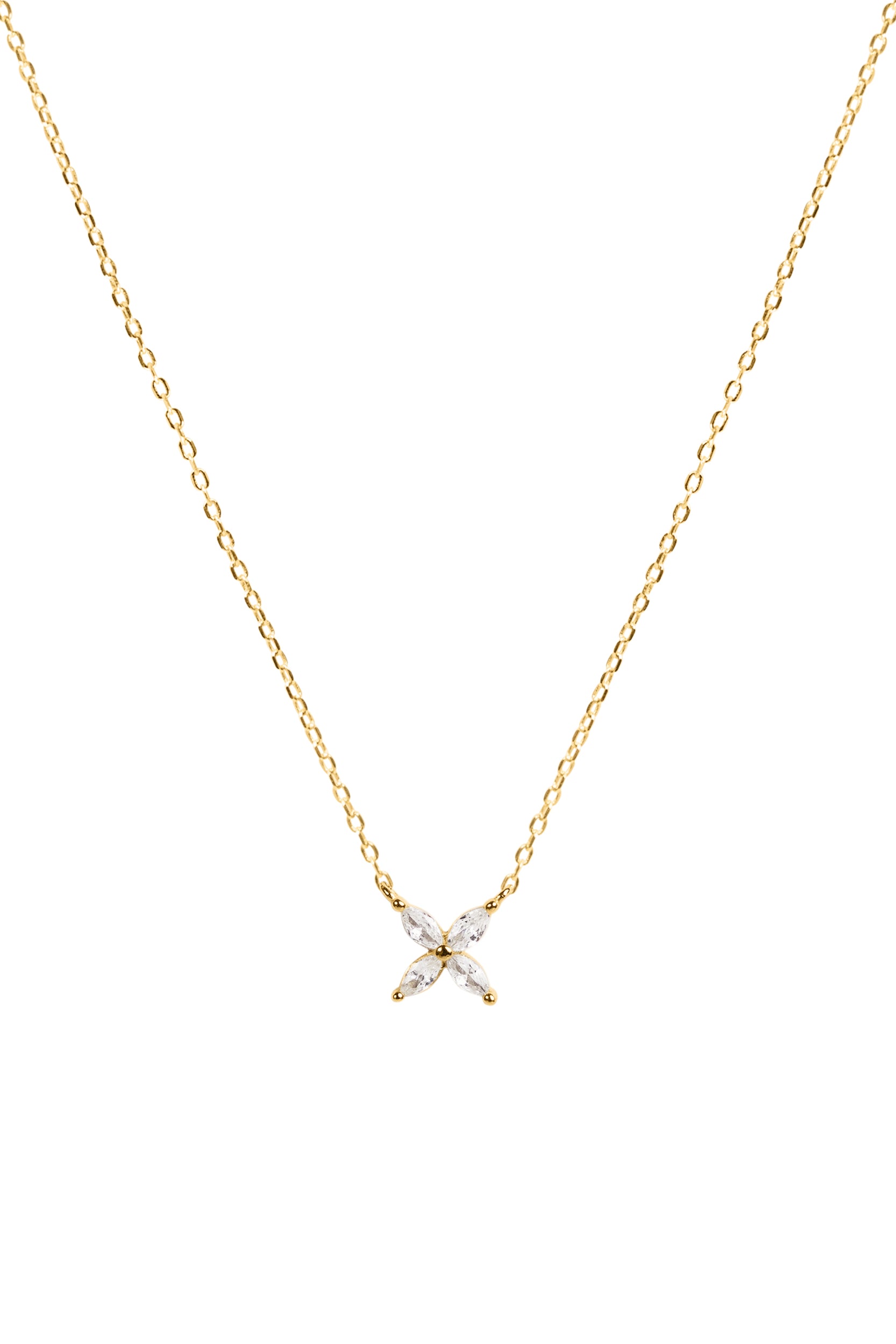 Gold necklace with a pendant featuring four gemstones on a white background