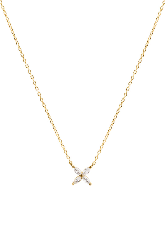 Gold necklace with a pendant featuring four gemstones on a white background