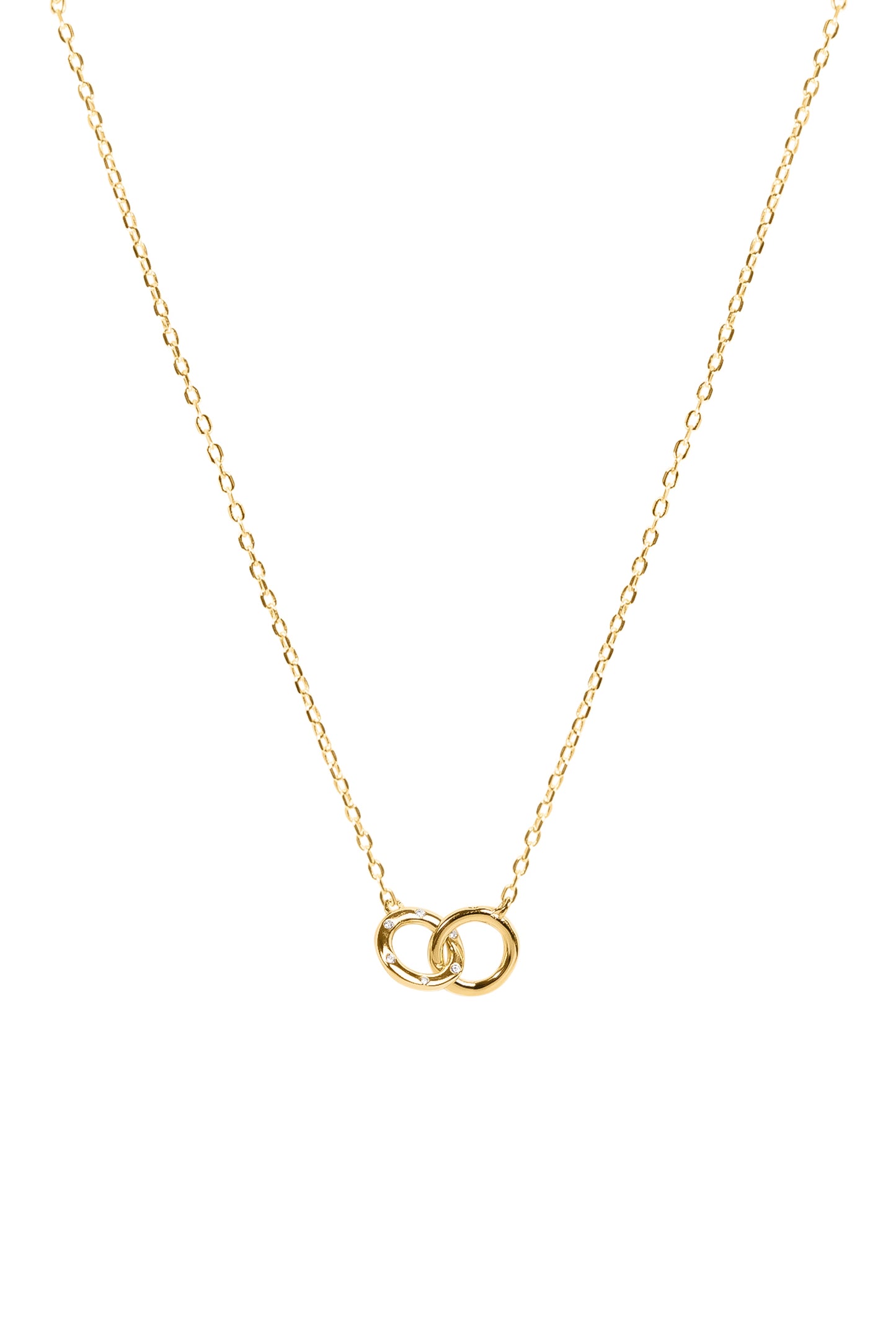 Gold necklace with interlocking rings on a white background