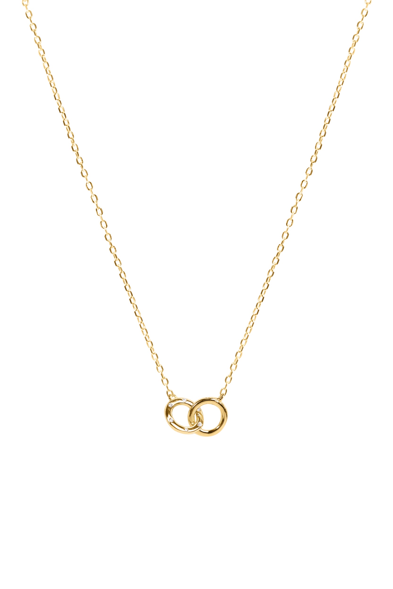 Gold necklace with interlocking rings on a white background