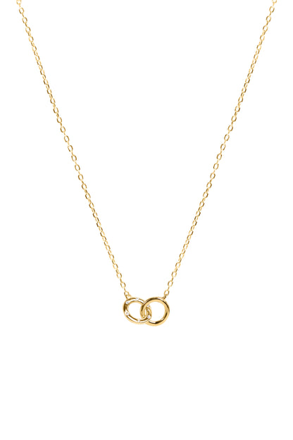 Gold necklace with interlocking rings on a white background