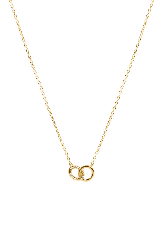 Gold necklace with interlocking rings on a white background