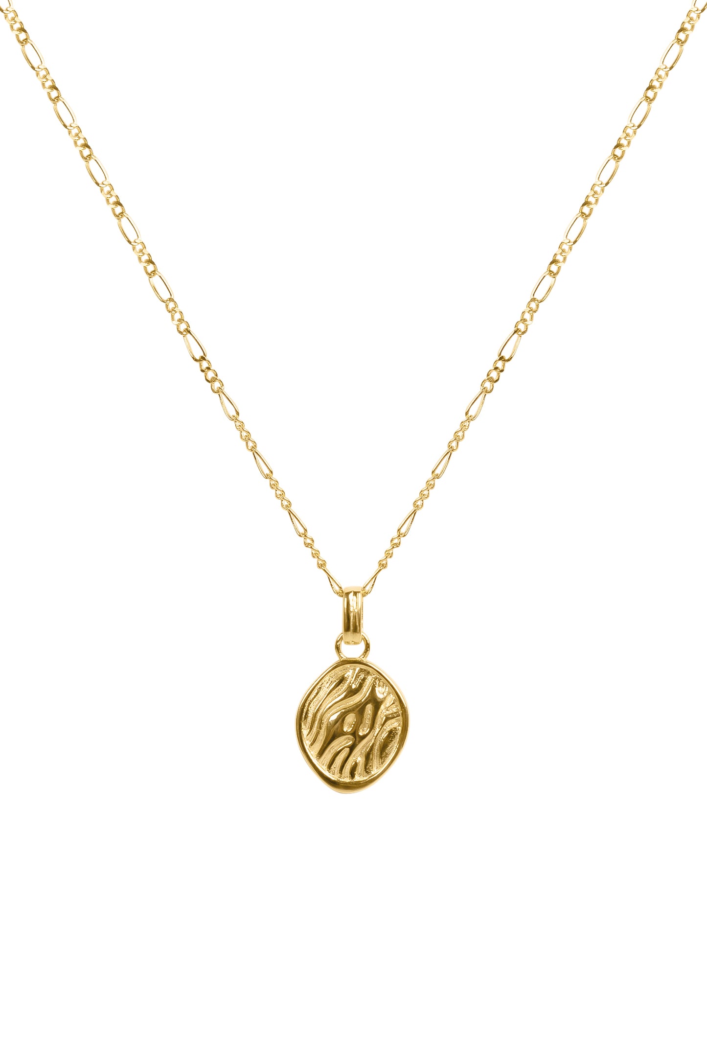 Gold necklace with a pendant on a white background