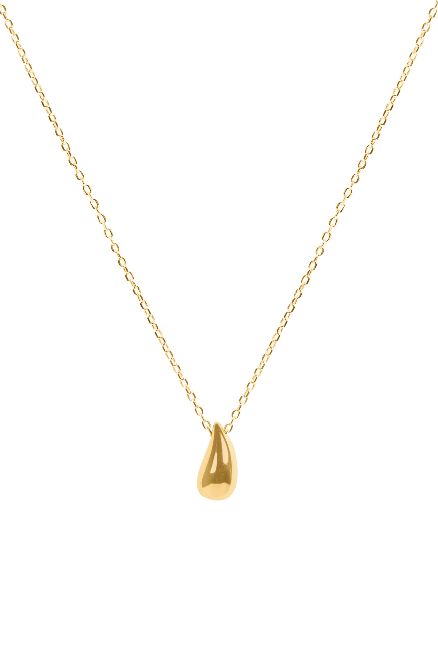 Gold necklace with a teardrop pendant on a white background