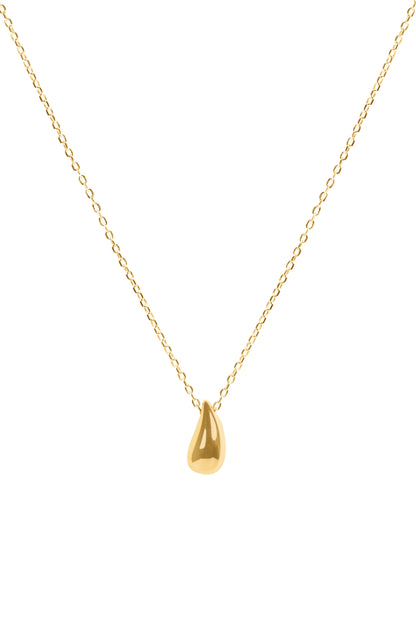 Gold necklace with a teardrop pendant on a white background