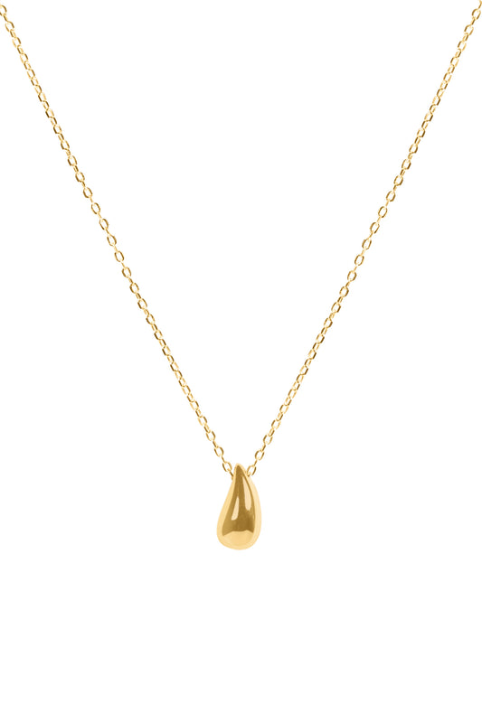 Gold necklace with a teardrop pendant on a white background