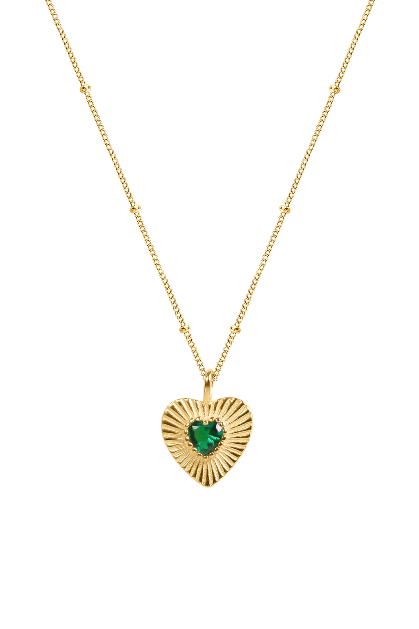 Gold heart-shaped pendant with a green gemstone on a white background