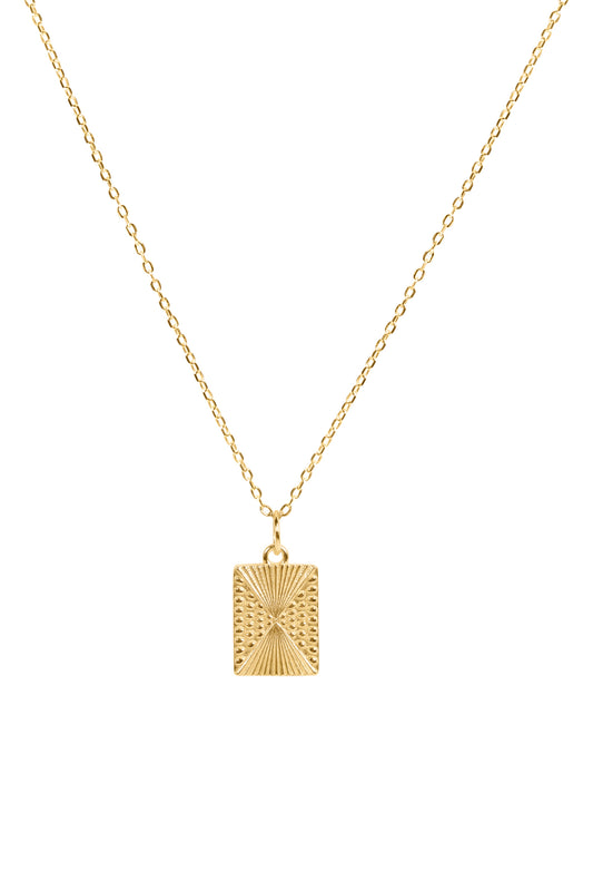 Gold necklace with a rectangular pendant on a white background