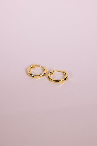 Gold twisted hoop earrings on a neutral background