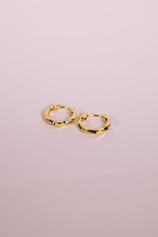 Gold twisted hoop earrings on a neutral background