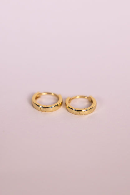 Gold hoop earrings on a neutral background
