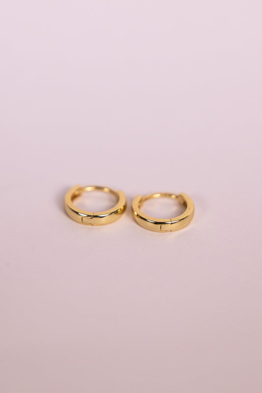 Gold hoop earrings on a neutral background