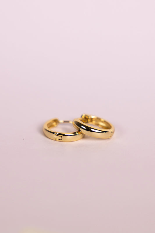 Two gold hoop earrings on a neutral background