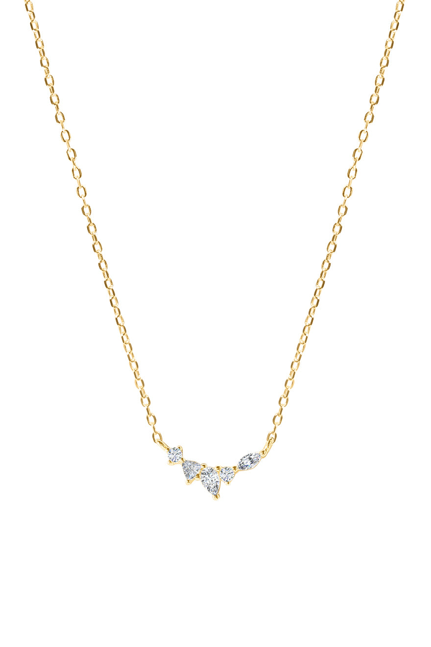 Gold necklace with five gemstones on a white background