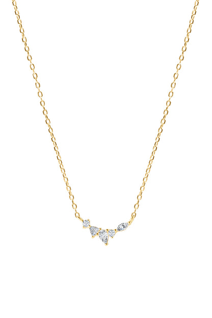 Gold necklace with five gemstones on a white background