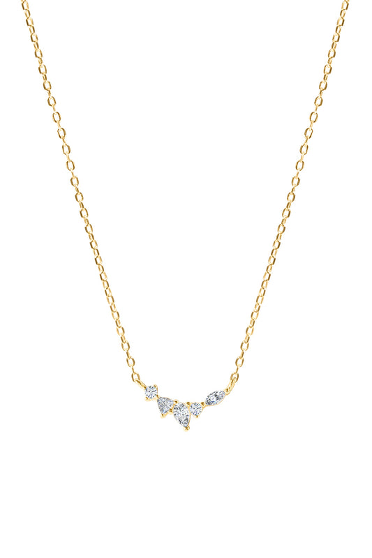 Gold necklace with five gemstones on a white background